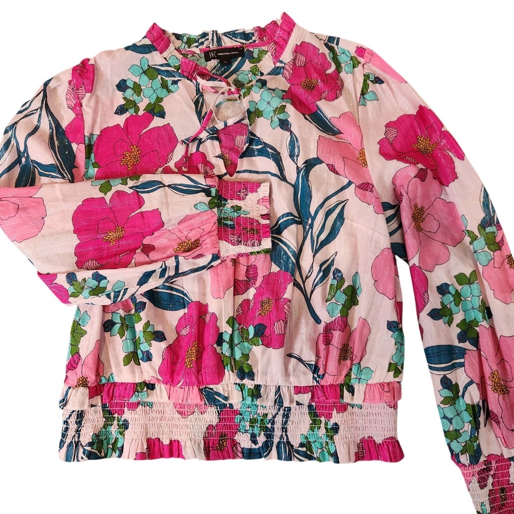 INC International Concepts Floral Metallic Smocked Blouse Pink XL SP21 100119438